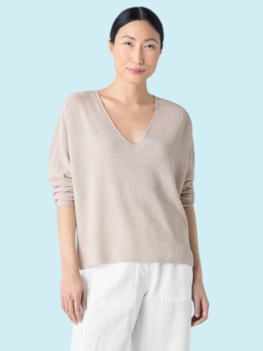 Eileen Fisher V-Neck Top Size XS Beige Organic Linen Textured Knit Minimalist